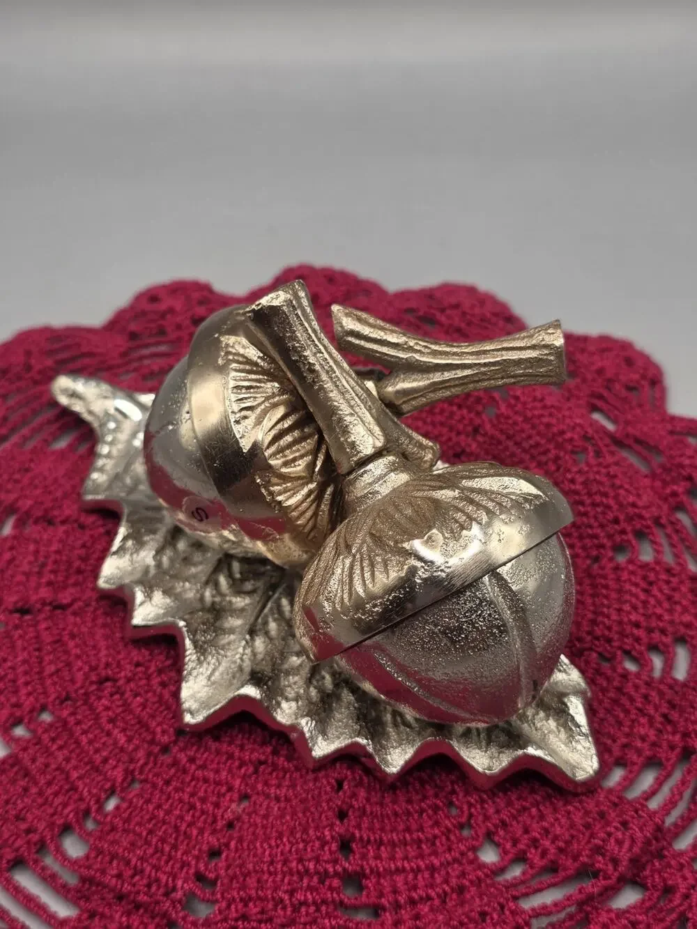 NEW Pier 1 Silver & Bronze Metal Acorn Fall Salt & Pepper Shakers on Leaf Tray